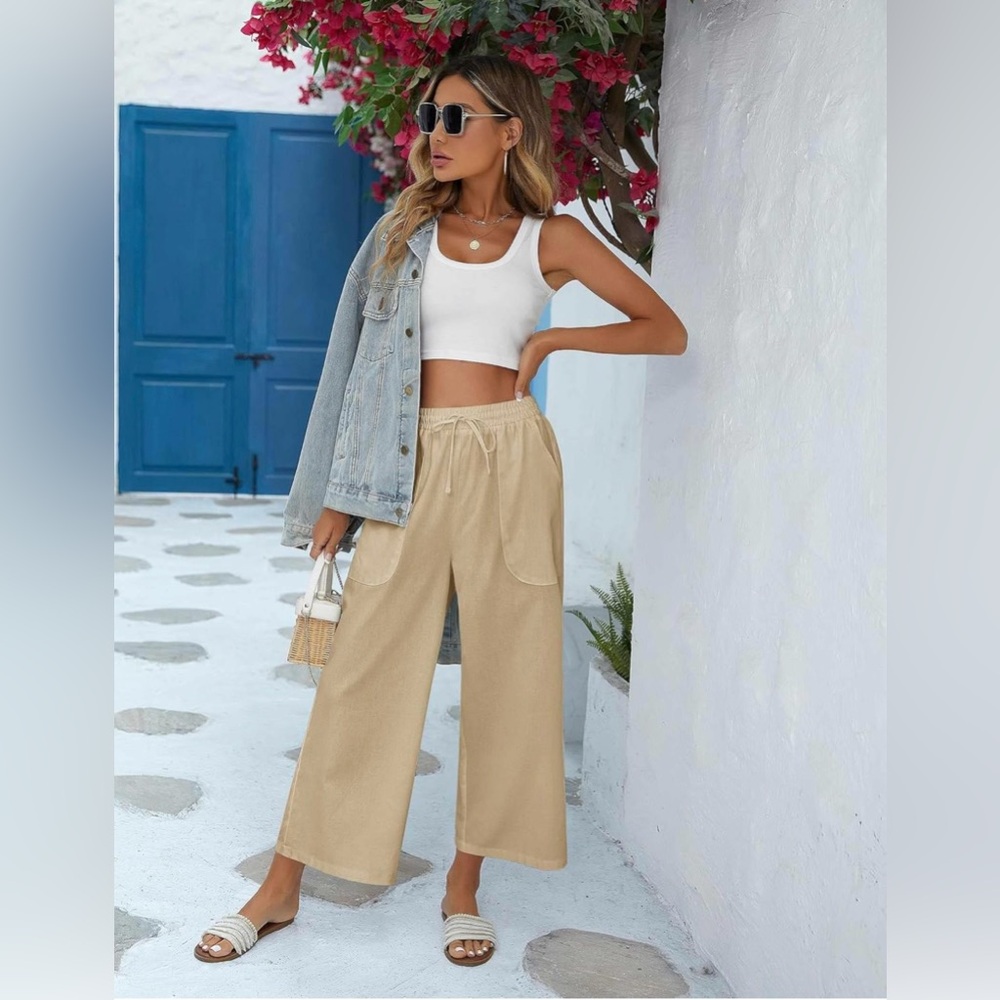 Tan Linen Wide-Leg Pants